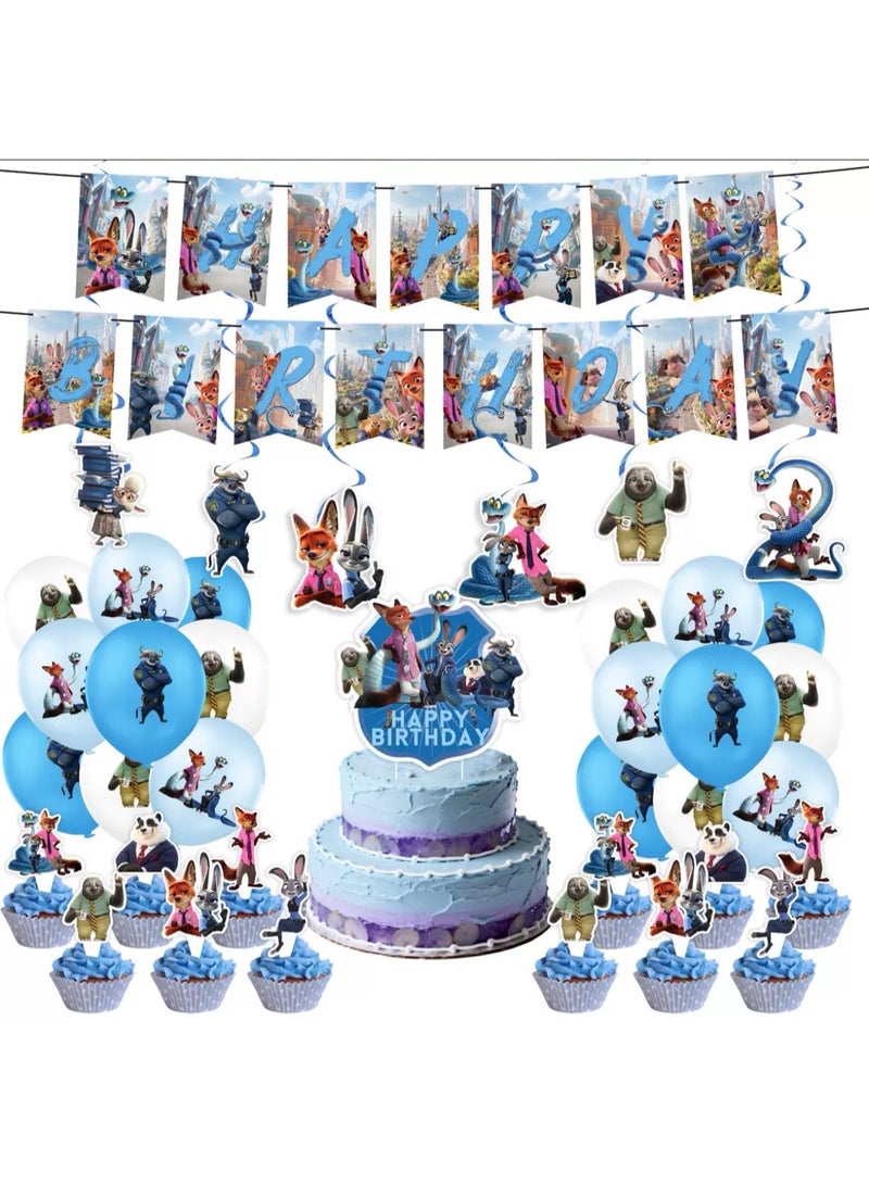 64 PCS Birthday Party Decorations Set - 15 Birthday Banner, 25 Cupcake Sockets, 18 Balloons, 6 Hanging Swirls - JungleThemed Game Celebration - Image 1